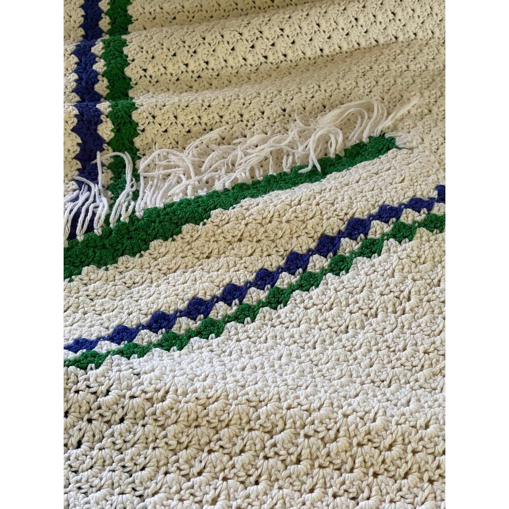 Vintage Crochet 78" x 68" White with Blue Green Stripe Blanket Afghan